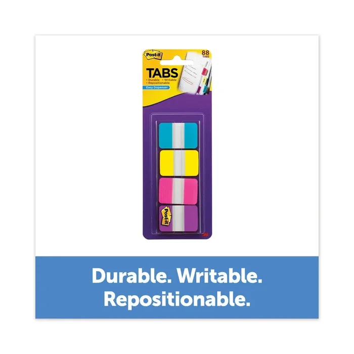 1″ Wide Tabs with Dispenser, Aqua, Pink, Violet, Yellow, 88/Pack