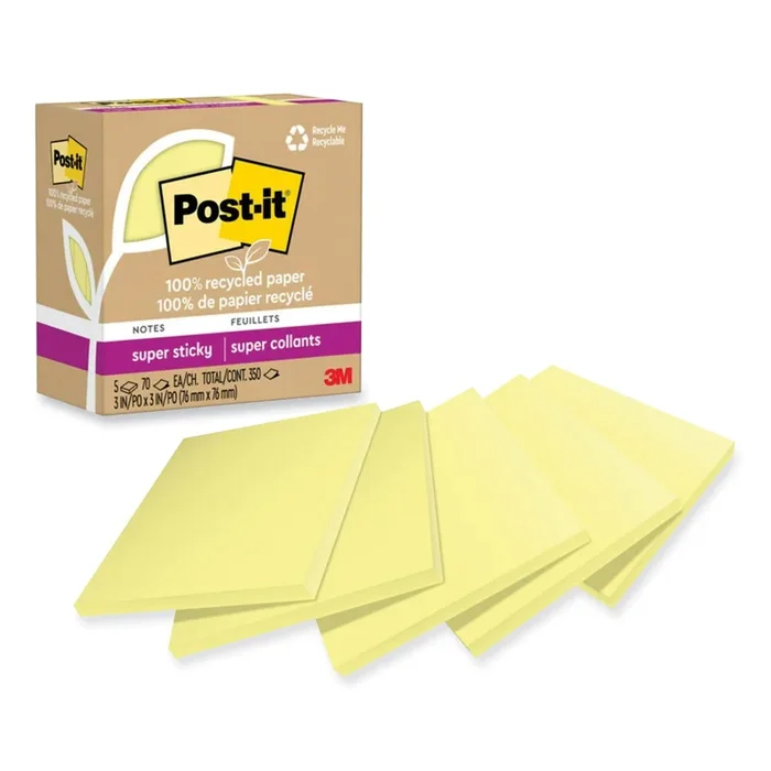 100% Recycled Paper Super Sticky Notes, 3″ x 3″, Canary Yellow, 70 Sheets/Pad, 5 Pads/Pack