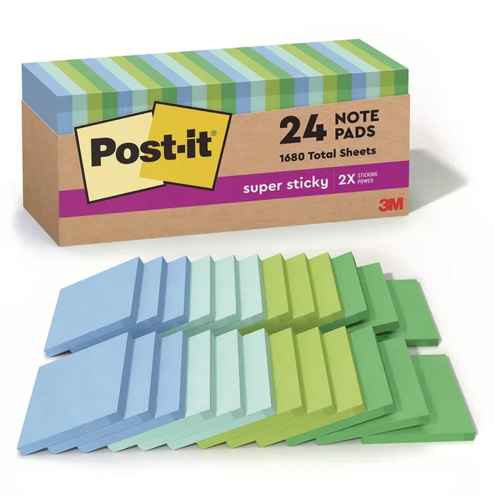 100% Recycled Paper Super Sticky Notes, 3″ x 3″, Oasis, 70 Sheets/Pad, 24 Pads/Pack