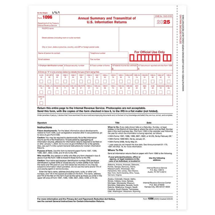 2025 Blue Summit Supplies 1096 Transmittal Tax Forms Summary Laser Forms, Compatible with QuickBooks and Accounting Software, 25 Pack