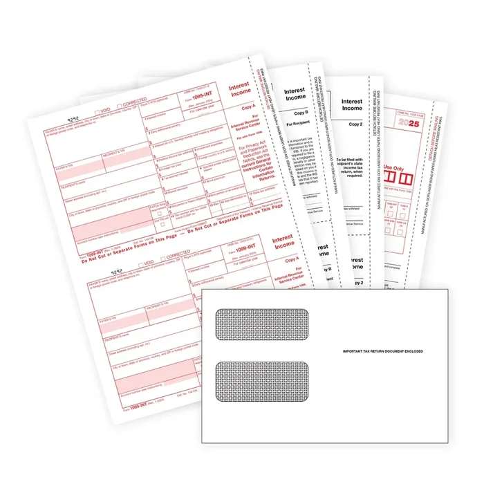 2025 Blue Summit Supplies Tax Forms, 1099 INT 4 Part Tax Forms Bundle with Seal Seal Envelopes, 50-Count