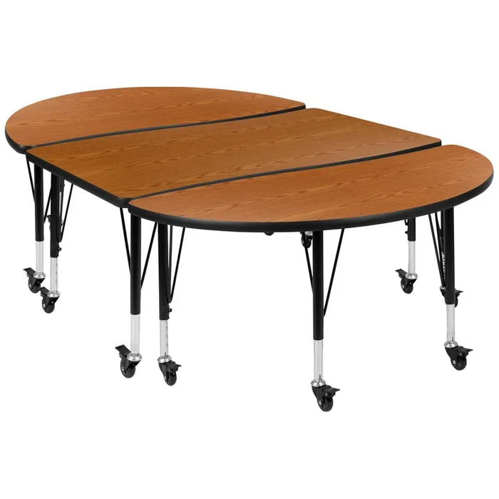 3 Piece Mobile 76″ Oval Wave Flexible Grey Thermal Laminate Activity Table Set – Height Adjustable Short Legs