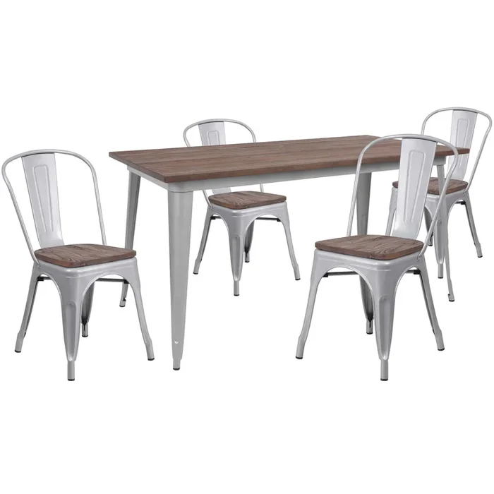 30.25″ x 60″ Metal Table Set with Wood Top and 4 Stack Chairs