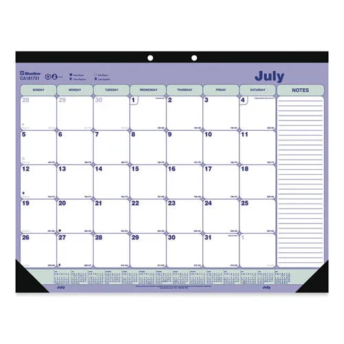 Academic Monthly Desk Pad Calendar, 21.25 X 16, White/blue/green, Black Binding/corners, 13-month (july-july): 2023 To 2024
