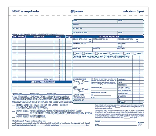 Adams® Auto Repair Order Set, 8 1/2″ x 7 7/16″, 3-Part, Carbonless, White/Canary/White