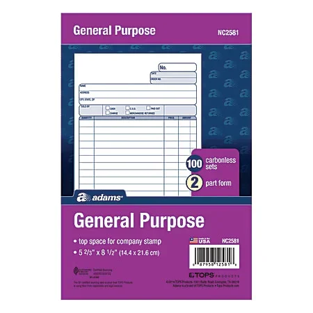 Adams® Carbonless All-Purpose Forms, 2-Part, 8 1/2″ x 5 11/16″, White/Canary, 100 Sets Per Book