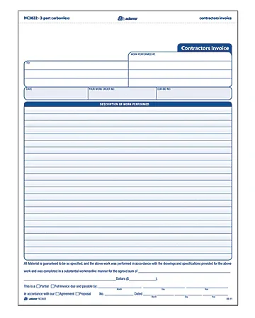 Adams® Carbonless Contractor’s Invoices, 3-Part, 100 Sets