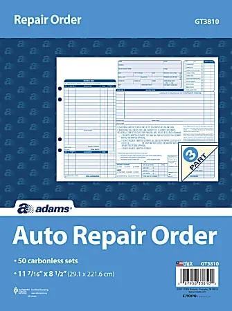 Adams® Garage Repair Order Form Books, 3-Part, 8-1/2″ x 11-7/16″, 150 Pages, Blue, Pack Of 50 Books