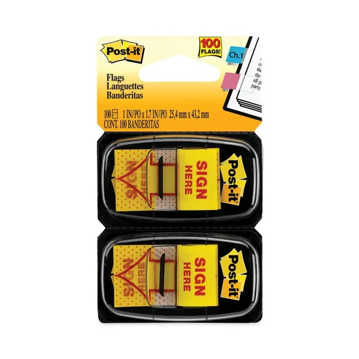 Arrow Message 1″ Page Flags, “Sign Here”, Yellow, 50 Flags/Dispenser, 2 Dispensers/Pack
