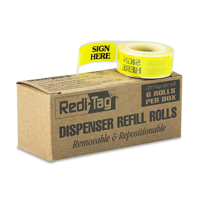 Arrow Message Page Flag Refills, “Sign Here”, Yellow, 120 Flags/Roll, 6 Rolls/Box