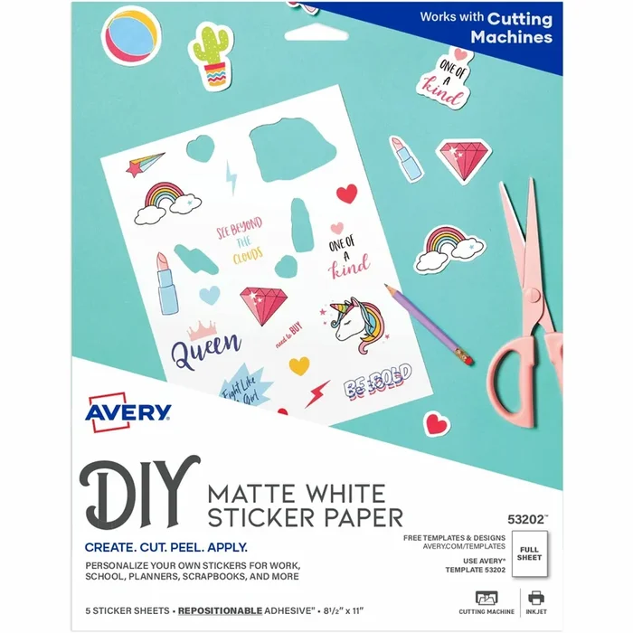 Avery Matte White Sticker Project Paper – Letter – 8 1/2″ x 11″ – 30 / Carton – Printable, Removable Adhesive, Die-cut, Repositionable, Lignin-free – Matte White