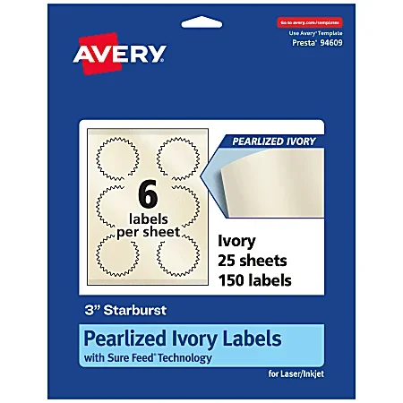 Avery® Pearlized Permanent Labels With Sure Feed®, 94609-PIP25, Starburst, 3″, Ivory, Pack Of 150 Labels