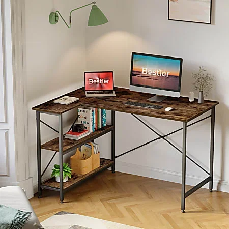 Bestier L-Shaped Corner Desk With Storage Shelf, 48″W, Rustic Brown