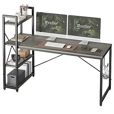 Bestier Modern Office Desk With Storage Shelf & Headset Hook, 63″W, Retro Gray Oak Dark