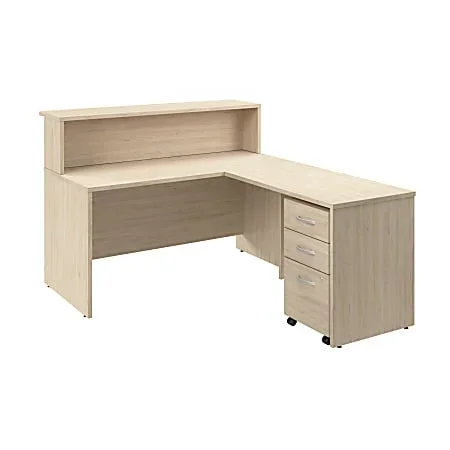 Bush Business Furniture Arrive 60″W L Shaped Reception Desk with Shelf and Mobile File Cabinet, Natural Elm, Standard Delivery