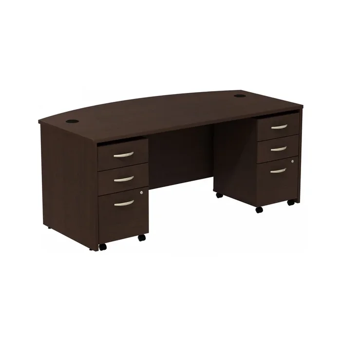 Bush Business Furniture Series C Bow Front Desk with (2) 3 Drawer Mobile Pedestals | Mocha Cherry