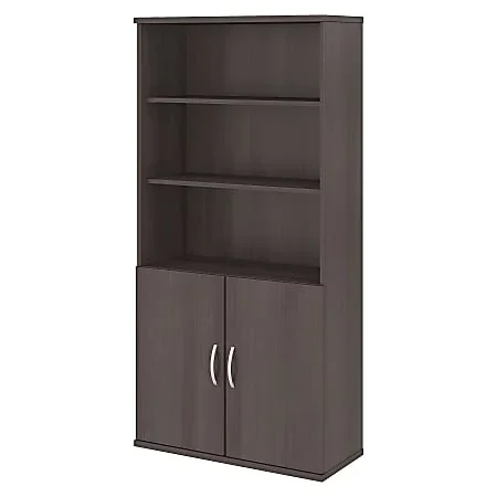 Bush Business Furniture Studio C 73″H 5-Shelf Bookcase With Doors, Storm Gray, Standard Delivery