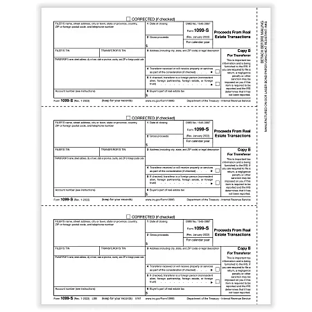 ComplyRight® 1099-S Tax Forms, 3-Up, Transfer or Copy B, Laser, 8-1/2″ x 11″, Pack Of 75 Forms