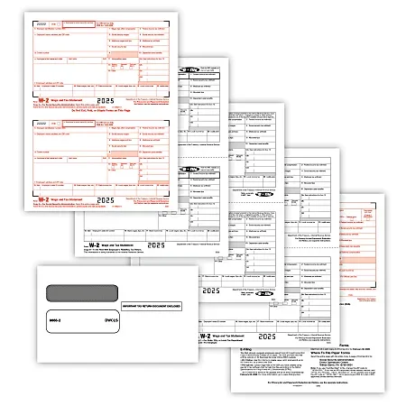 ComplyRight® W-2 Tax Forms Set, 4-Part, 2-Up, Copies A, B, C, D, 8-1/2″ x 11″, Pack Of 50 Forms And Envelopes