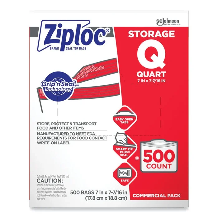 Double Zipper Storage Bags, Quart, 7″ x 7.75″, Clear, 500/Box