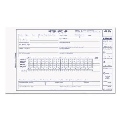 Driver’s Daily Log Book, Two-part Carbonless, 8.75 X 5.38, 31 Forms Total