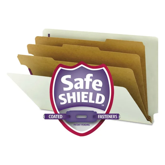 End Tab Pressboard Classification Folders, Eight SafeSHIELD Fasteners, 3″ Expansion, 3 Dividers, Legal Size, Gray-Green,10/BX
