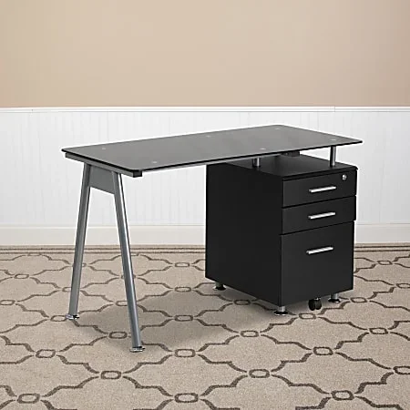 Flash Furniture 48″W Glass Computer Desk With 3- Drawer Pedestal, Black/Clear