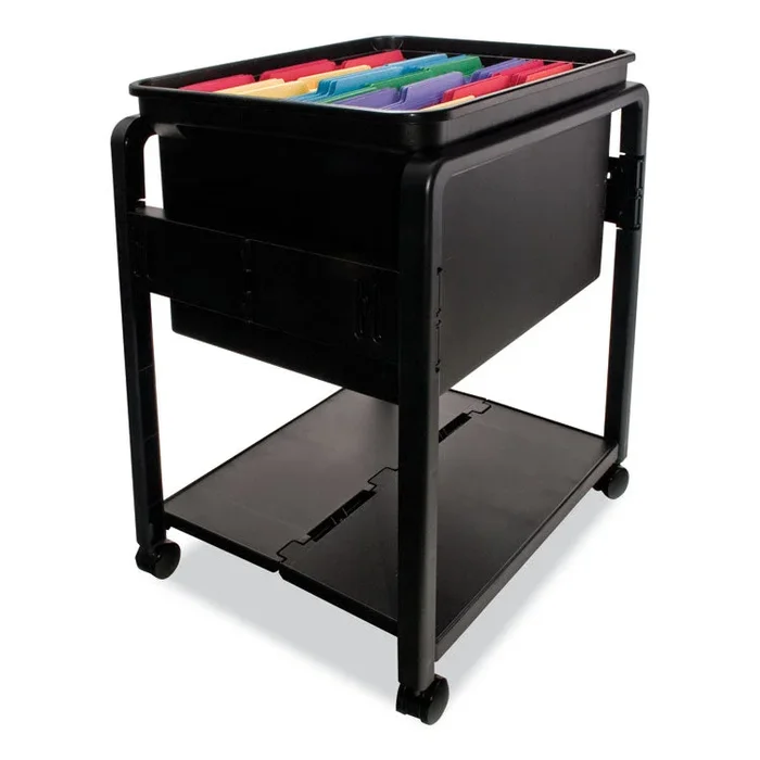 Folding Mobile File Cart, Plastic, 1 Shelf, 1 Bin, 14.5″ x 18.5″ x 21.75″, Black