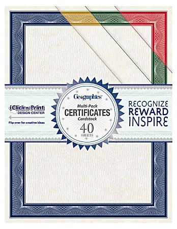 Geographics Traditional Awards Certificates – 60 lb Basis Weight – 8.5″x 11″ – Inkjet Compatible – White with Multicolor Border – Card Stock – 40/Pack