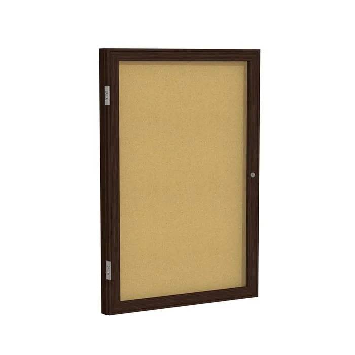 Ghent 1 Door Enclosed Natural Cork Bulletin Board w/ Walnut Wood Frame, 24″H x 18″W