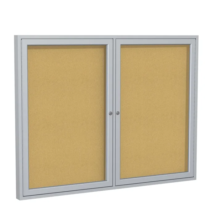 Ghent 2 Door Enclosed Natural Cork Bulletin Board w/ Satin Aluminum Frame, 3’H x 5’W