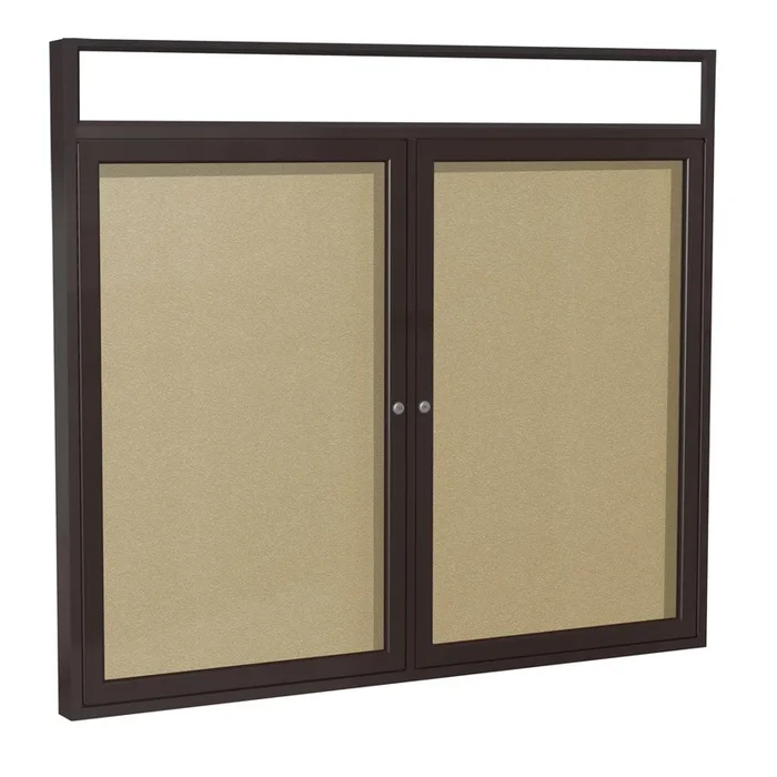 Ghent 2 Door Enclosed Vinyl Bulletin Board w/ Bronze Headliner Frame, 3’H x 4’W, Caramel