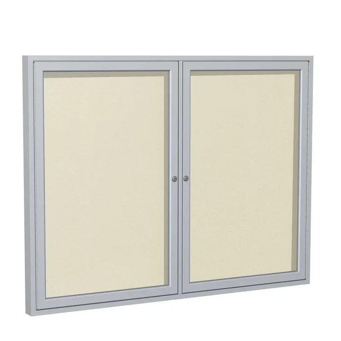 Ghent 2 Door Enclosed Vinyl Bulletin Board w/ Satin Aluminum Frame, 3’H x 4’W, Ivory