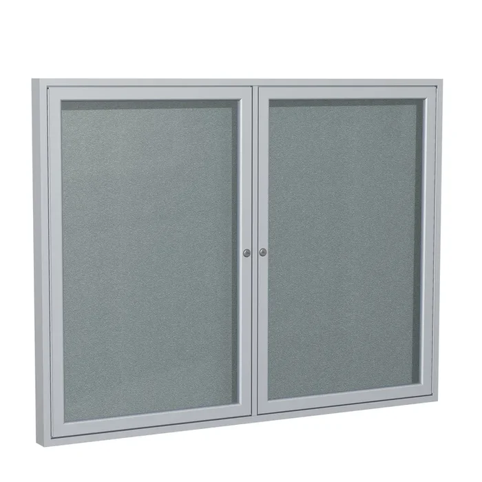 Ghent 2 Door Enclosed Vinyl Bulletin Board w/ Satin Aluminum Frame, 3’H x 4’W, Stone