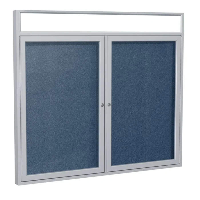 Ghent 2 Door Enclosed Vinyl Bulletin Board w/ Satin Illuminated Headliner Frame, 3’H x 5’W, Navy