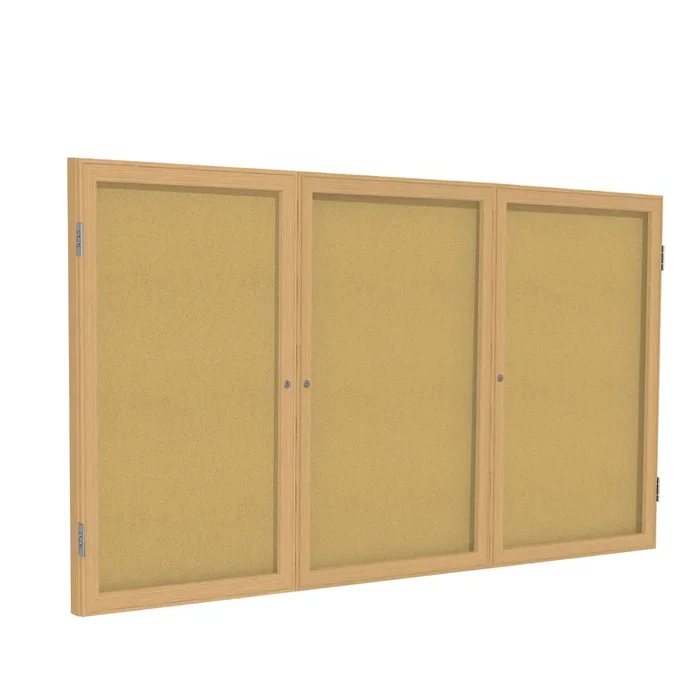 Ghent 3 Door Enclosed Natural Cork Bulletin Board w/ Oak Wood Frame, 3’H x 6’W