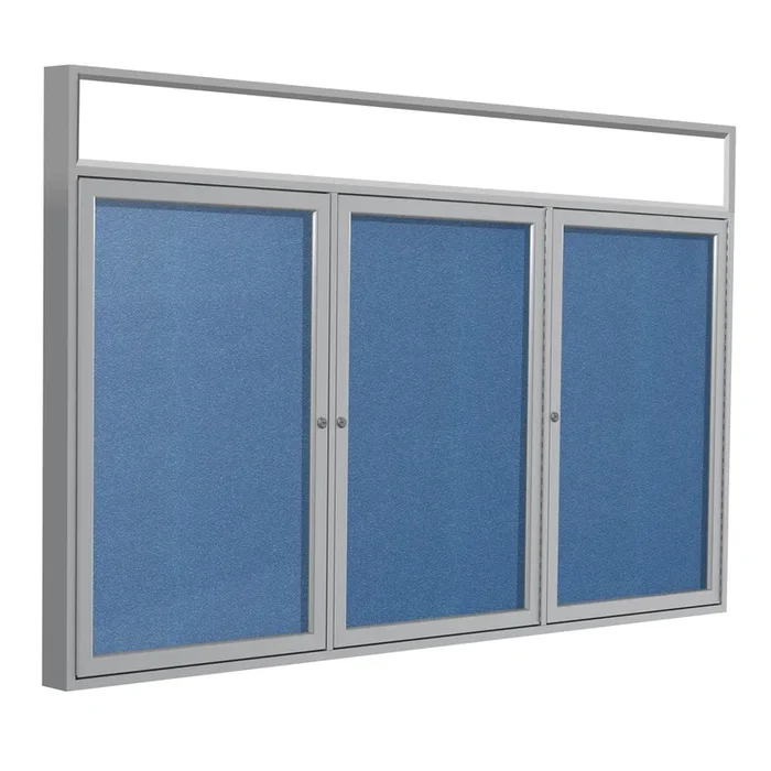 Ghent 3 Door Enclosed Vinyl Bulletin Board w/ Satin Headliner Frame, 3’H x 6’W, Ocean