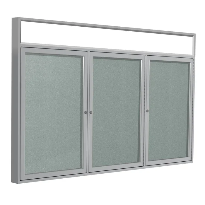 Ghent 3 Door Enclosed Vinyl Bulletin Board w/ Satin Headliner Frame, 4’H x 6’W, Silver