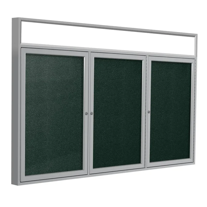 Ghent 3 Door Enclosed Vinyl Bulletin Board w/ Satin Illuminated Headliner Frame, 4’H x 8’W, Ebony