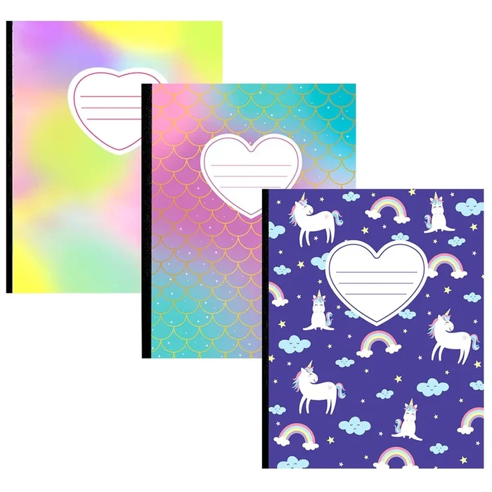 Girly Composition Notebook – Assorted Cover Designs, 3 Pack, Wide-ruled, 7.5 X 9.8 Inches, 100 Sheets