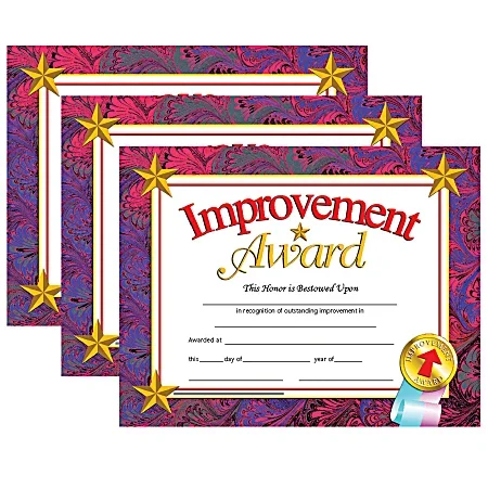 Hayes Certificates, 8-1/2″ x 11″, Improvement Award, 30 Certificates Per Pack, Set Of 3 Packs
