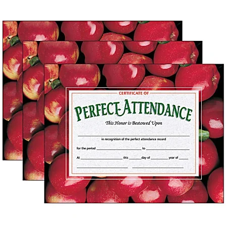 Hayes Certificates, 8-1/2″ x 11″, Perfect Attendance, Apples, 30 Certificates Per Pack, Set Of 3 Packs
