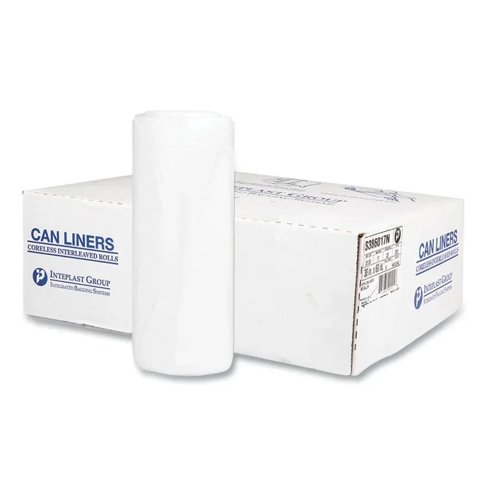 High-Density Commercial Can Liners, 60 gal, 17 mic, 38 x 60 , Clear, Interleaved Roll, 25 Bags/Roll, 8 Rolls/Carton