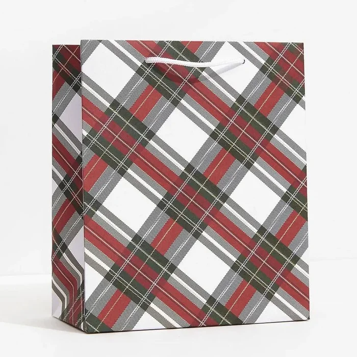 Holiday White Stewart Tartan Medium Gift Bag