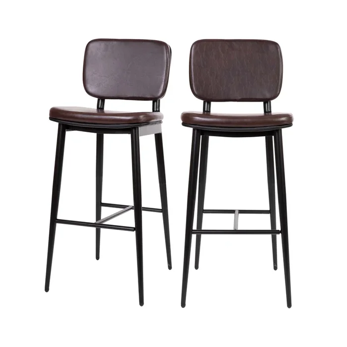 Kenzie Commercial Grade Mid-Back Barstools – LeatherSoft Upholstery – Iron Frame with Integrated Footrest – Set of 2