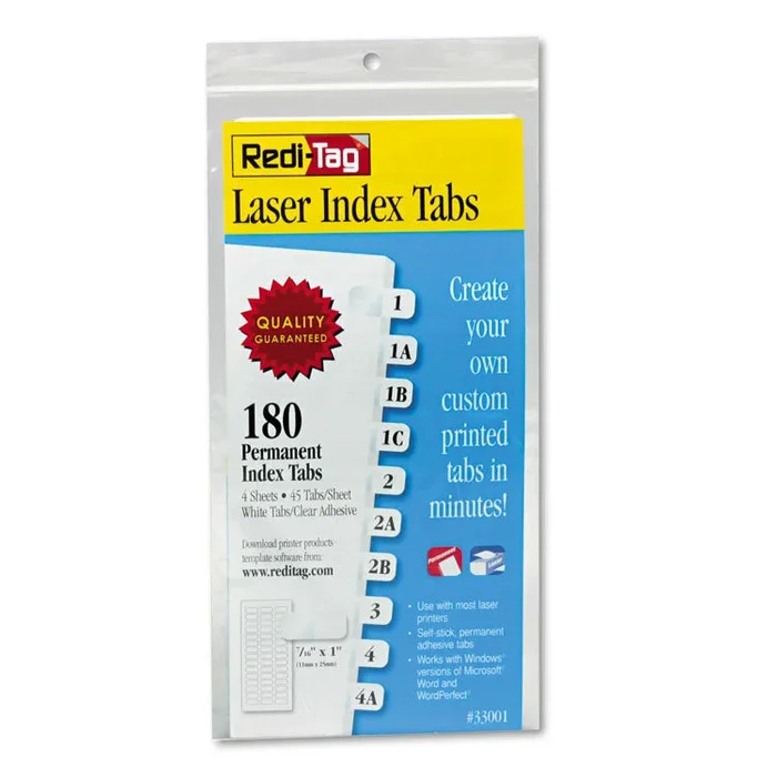 Laser Printable Index Tabs, 1/12-Cut, White, 0.44″ Wide, 180/Pack
