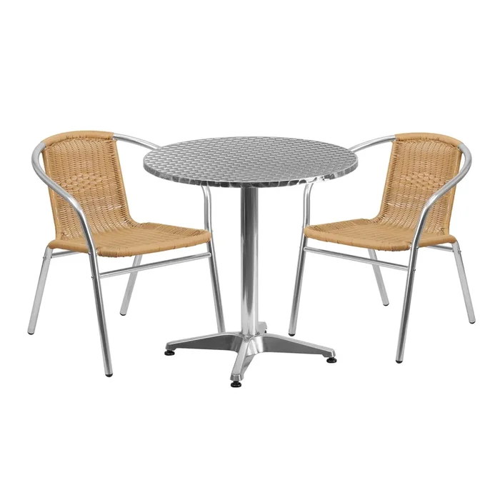 Lila 27.5” Round Aluminum Indoor-Outdoor Table Set with 2 Rattan Chairs