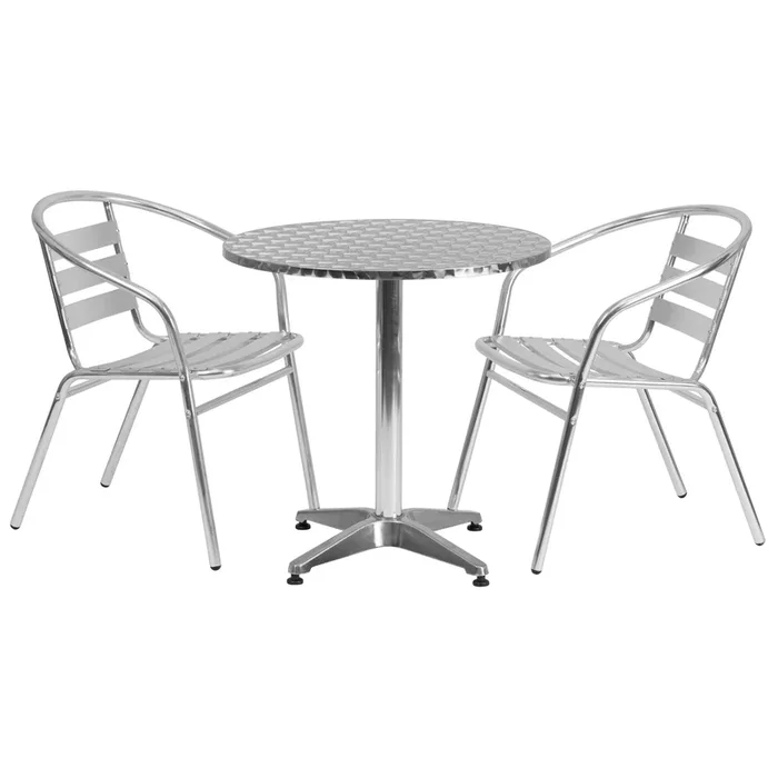 Lila 27.5” Round Aluminum Indoor-Outdoor Table Set with 2 Slat Back Chairs