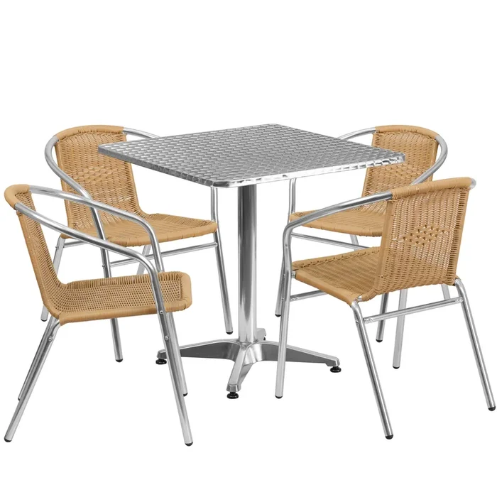 Lila 27.5” Square Aluminum Indoor-Outdoor Table Set with 4 Rattan Chairs