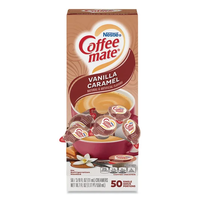 Liquid Coffee Creamer, Vanilla Caramel, 0.38 oz Mini Cups, 50/Box